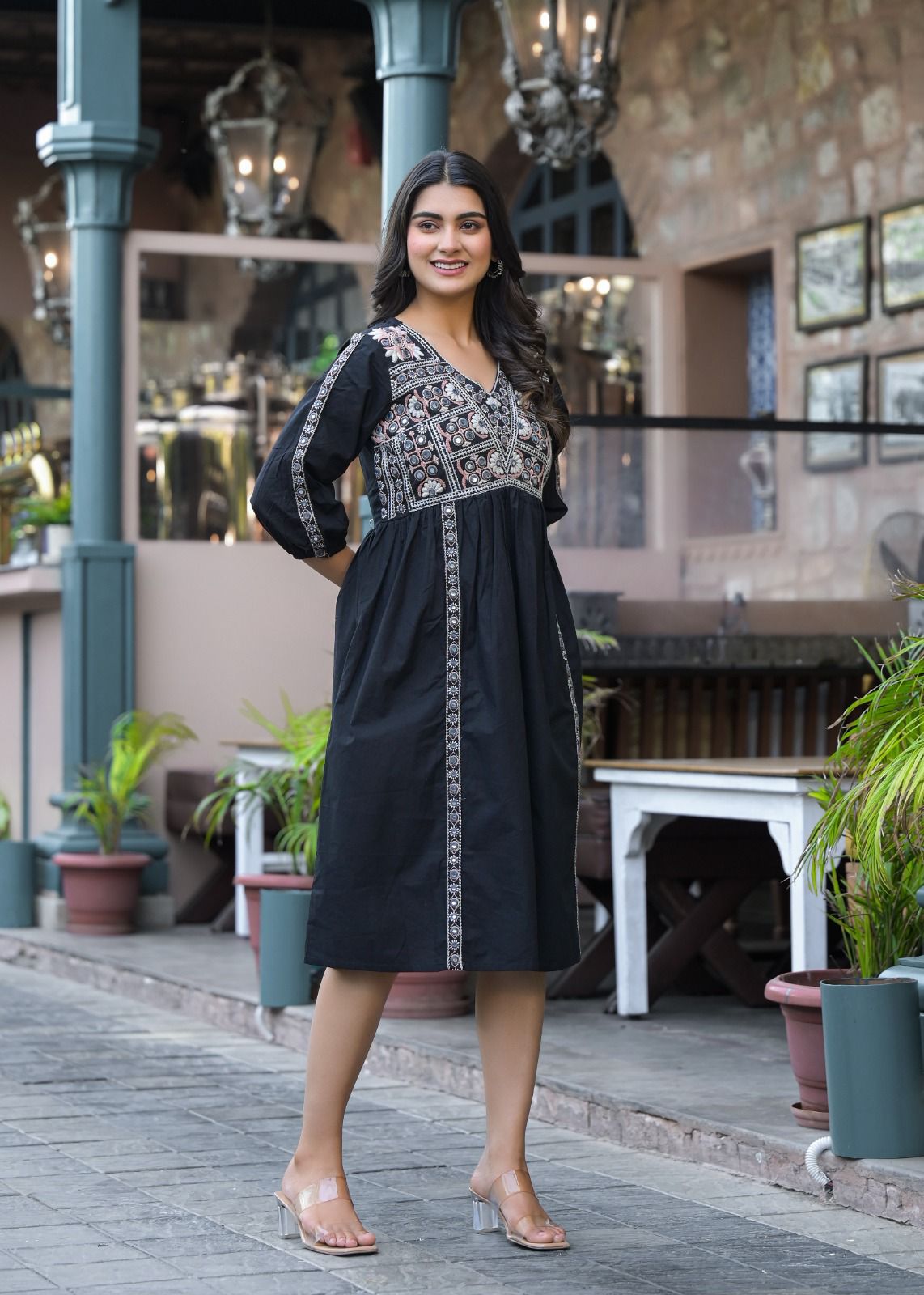Noir Elegance Mirror Work Dress