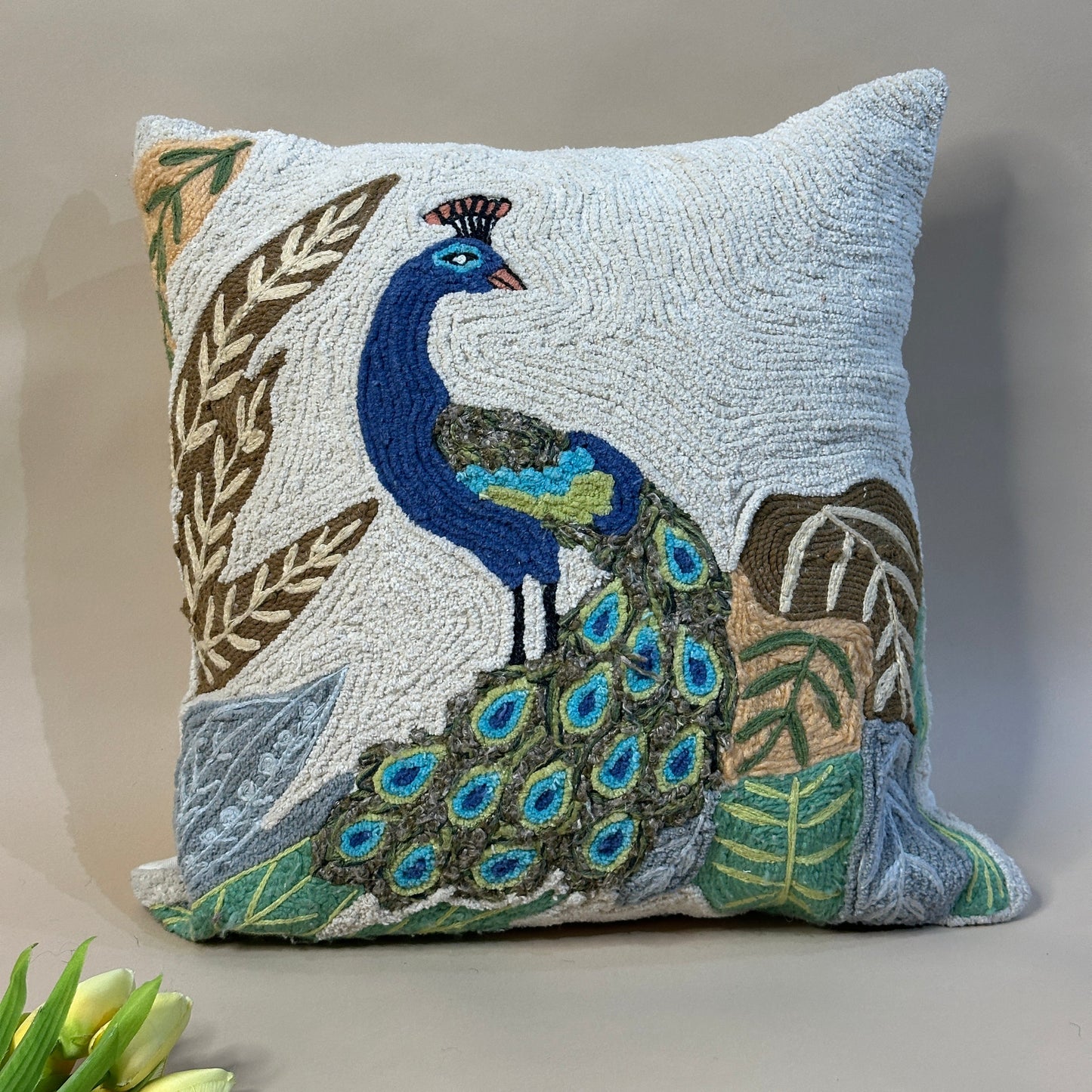 Iridescent Peacock Embroidered Feathers & Lush Design Cushion