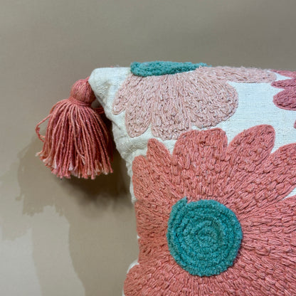 Tasseled Floral Embroidered Pillow