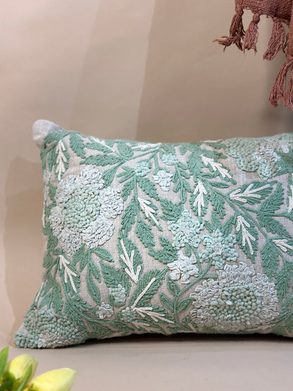 Green Botanical Embroidered Pillow