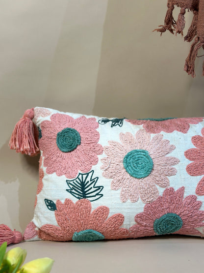 Tasseled Floral Embroidered Pillow