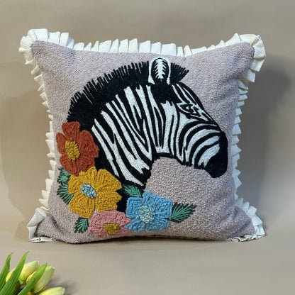 Whimsical Zebra & Bloom Embroidered Cushion