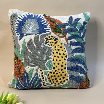 Tropical Jungle Scene Embroidered Leopard & Foliage Cushion