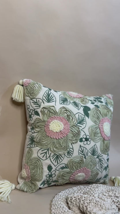Appliqué Floral Tassel Pillow