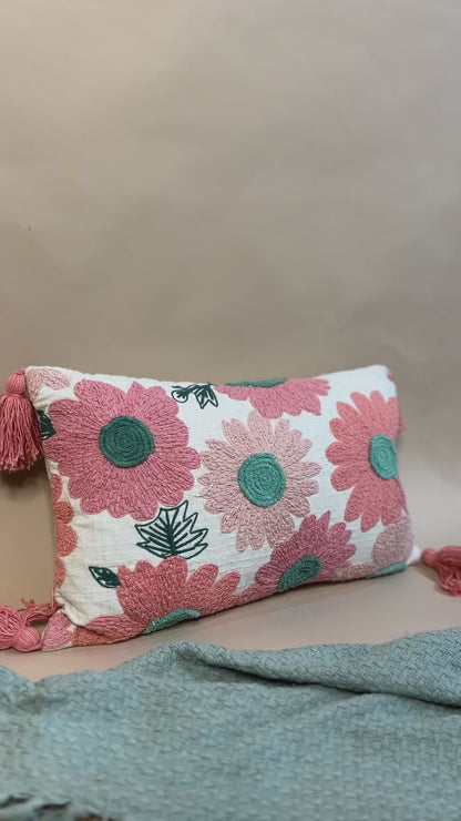Tasseled Floral Embroidered Pillow