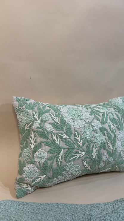 Green Botanical Embroidered Pillow